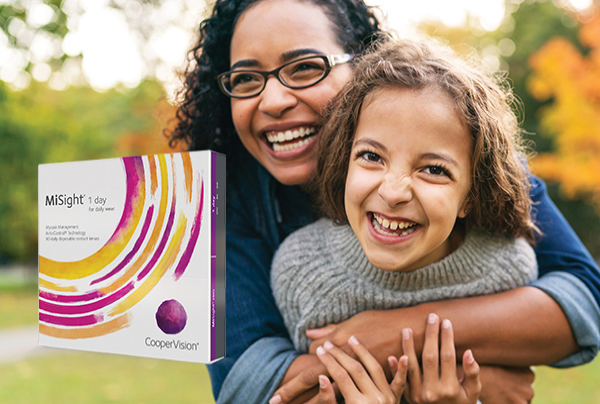 A girl with her mother are enjoying using new MiSight®-soft contact lenses are designed to control myopia progression in children